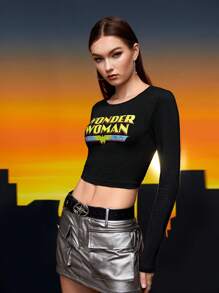 WONDER WOMAN X SHEIN 字母圖案短款T恤 - 黑色 - 查看 5