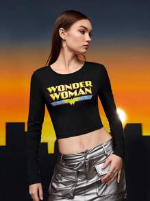 WONDER WOMAN X SHEIN 字母圖案短款T恤 - 黑色 - 查看 8
