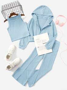 SHEIN Tween Girl Solid Tank Top & Split Hem Flare Leg Trousers & Hoodie - Baby Blue - View 1