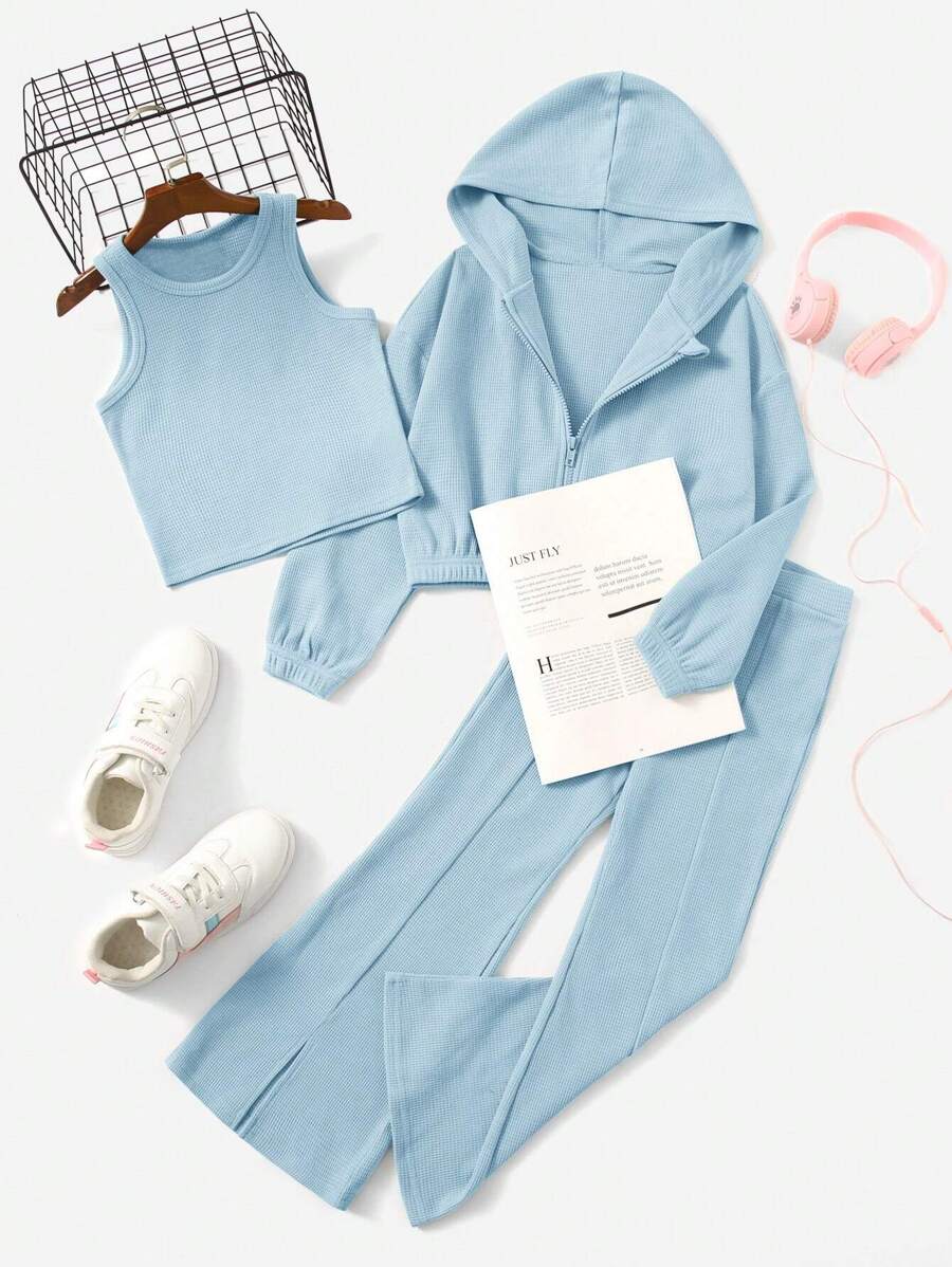 SHEIN Tween Girl Solid Tank Top & Split Hem Flare Leg Trousers & Hoodie - Baby Blue - View 1