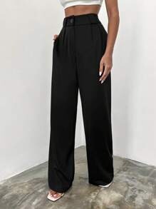 EURMUSE Solid High Waist Wide Leg Suit Pants - Black - View 1