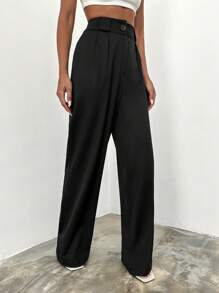 EURMUSE Solid High Waist Wide Leg Suit Pants - Black - View 4