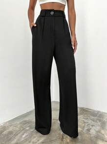 EURMUSE Solid High Waist Wide Leg Suit Pants - Black - View 5