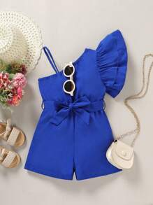 SHEIN Young Girl Asymmetrical Neck Ruffle Trim Romper - Blue - View 1