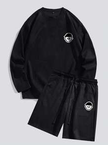 Men Cartoon Graphic Sweatshirt & Drawstring Waist Shorts - Black - View 1