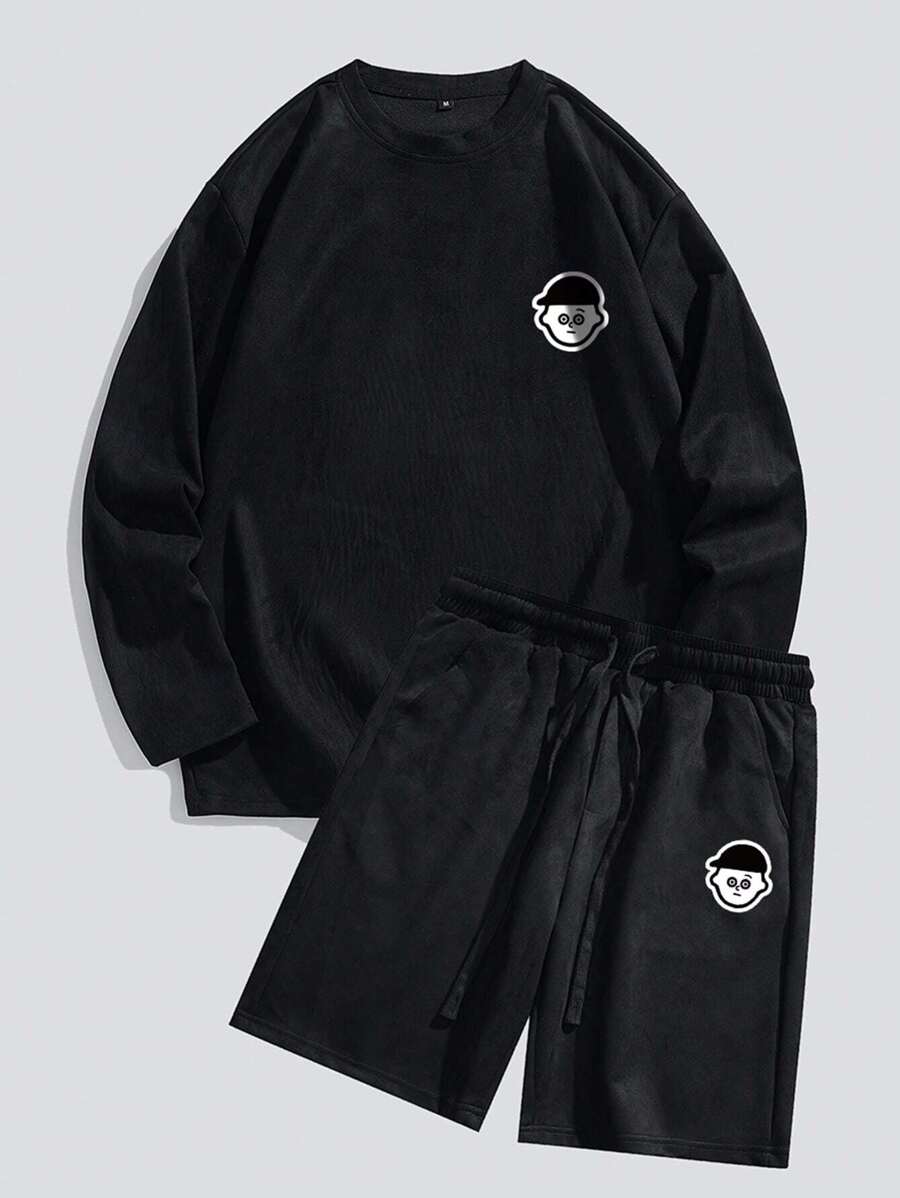 Men Cartoon Graphic Sweatshirt & Drawstring Waist Shorts - Black - View 1