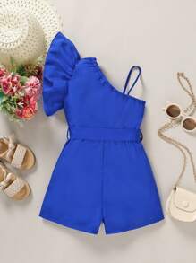 SHEIN Young Girl Asymmetrical Neck Ruffle Trim Romper - Blue - View 2