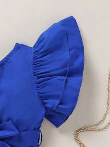 SHEIN Young Girl Asymmetrical Neck Ruffle Trim Romper - Blue - View 3