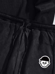 Men Cartoon Graphic Sweatshirt & Drawstring Waist Shorts - Black - View 4