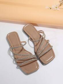 Women's Fashion Rhinestone Decor Flat Slip-On Sandals, Versatile For Dates, Shopping, Gatherings, Parties, Commuting, Business,Spring Summer Outfits - Apricot - View 4