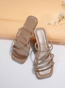 Women's Fashion Rhinestone Decor Flat Slip-On Sandals, Versatile For Dates, Shopping, Gatherings, Parties, Commuting, Business,Spring Summer Outfits - Apricot - View 5