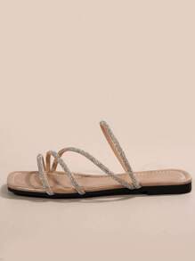 Women's Fashion Rhinestone Decor Flat Slip-On Sandals, Versatile For Dates, Shopping, Gatherings, Parties, Commuting, Business,Spring Summer Outfits - Apricot - View 7