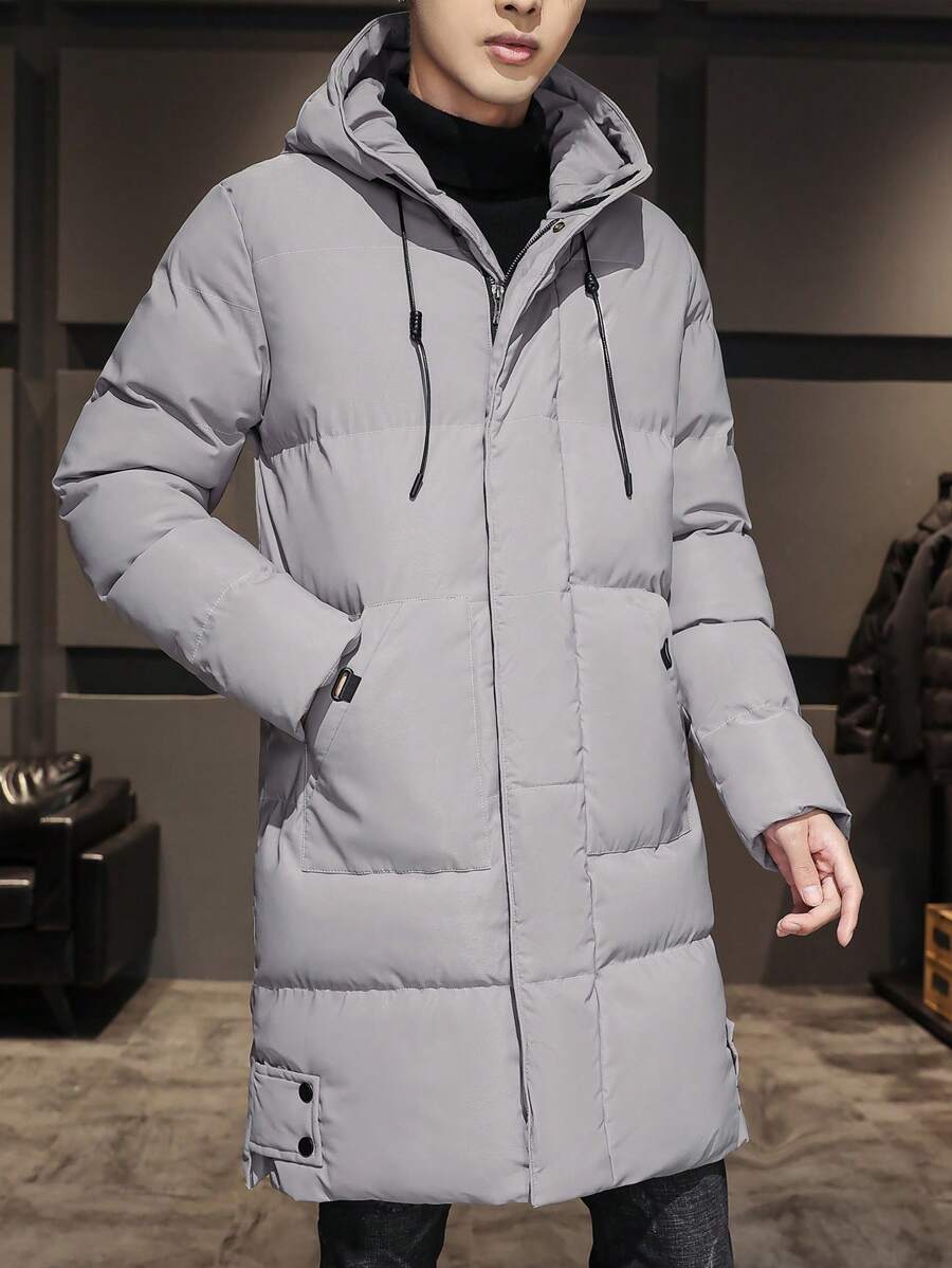 Men Drawstring Hooded Padded Coat - Grey - View 1