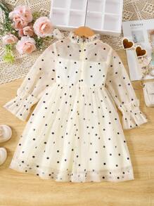 SHEIN Jeune Fille Robe En Tulle À Pois À Manche Évasée