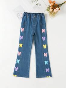 Tween Girl Butterfly Print Flare Leg Jeans - Medium Wash - View 1