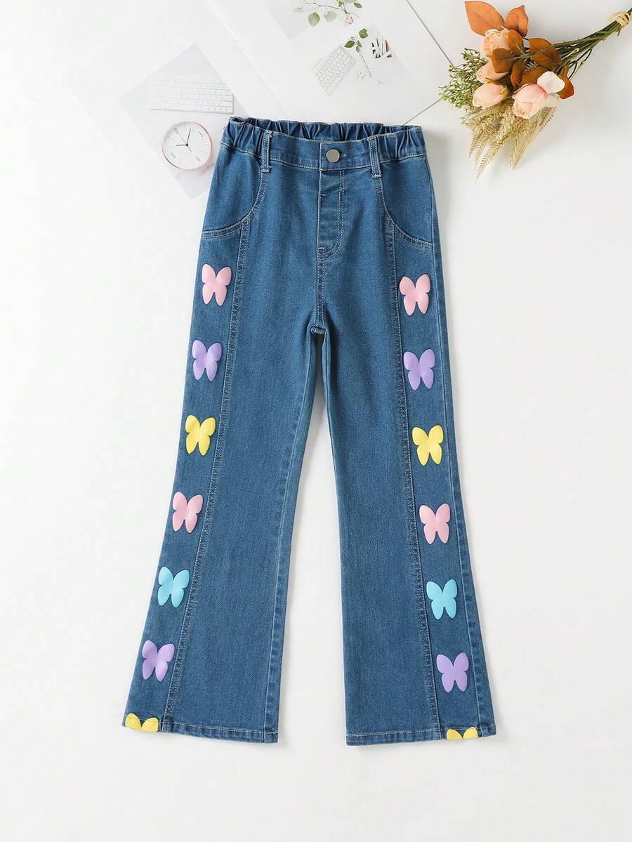 Tween Girl Butterfly Print Flare Leg Jeans - Medium Wash - View 1