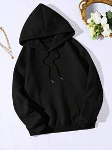 INAWLY Plus Size Kangaroo Pocket Drawstring Thermal Lined Sweatshirt, For Winter - Black - View 1