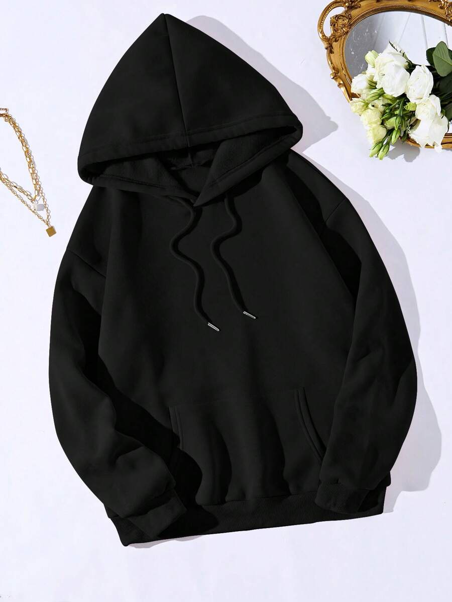 INAWLY Plus Size Kangaroo Pocket Drawstring Thermal Lined Sweatshirt, For Winter - Black - View 1