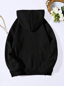 INAWLY Plus Size Kangaroo Pocket Drawstring Thermal Lined Sweatshirt, For Winter - Black - View 2