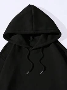 INAWLY Plus Size Kangaroo Pocket Drawstring Thermal Lined Sweatshirt, For Winter - Black - View 3