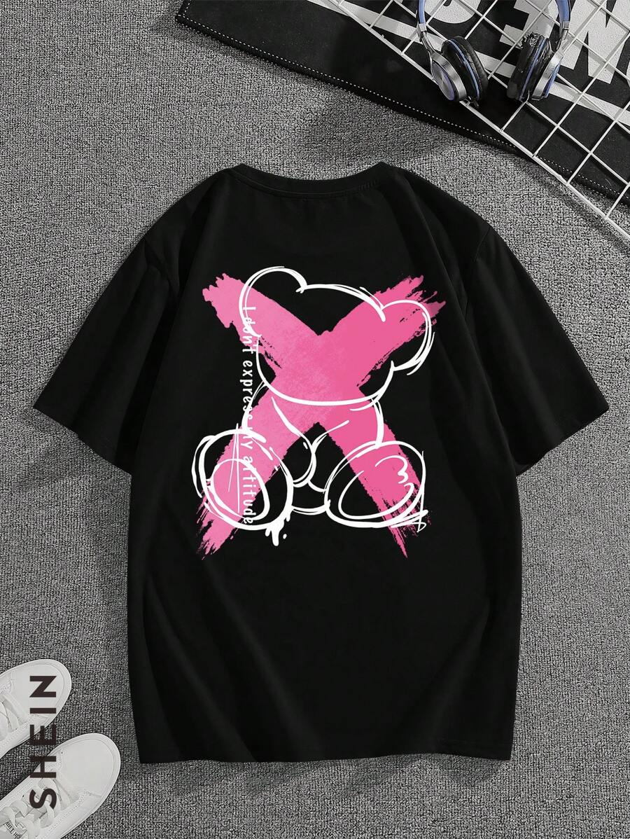 Manfinity Dauomo 男士棉小熊印花T恤 - 黑色 - 查看 1