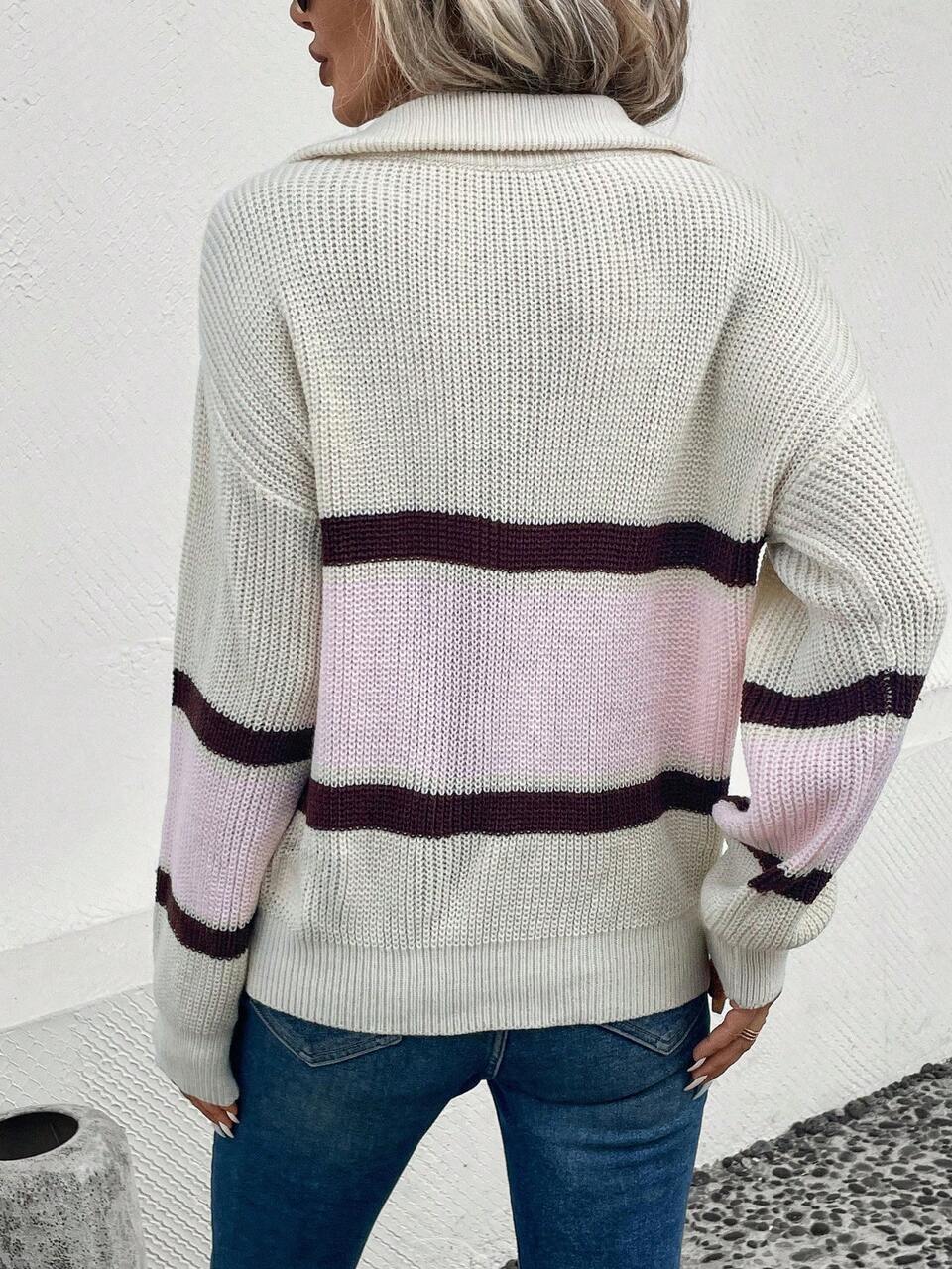 Color Block Drop Shoulder Half Zip Knit Pullover Fall Winter Sweater