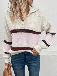 SHEIN LUNE 撞色落肩半拉链针织套头衫，适合秋冬季穿着 - 彩色 - 查看 4