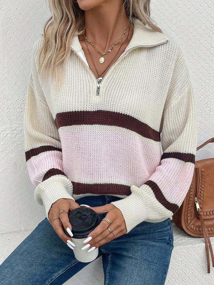 Color Block Drop Shoulder Half Zip Knit Pullover Fall Winter Sweater