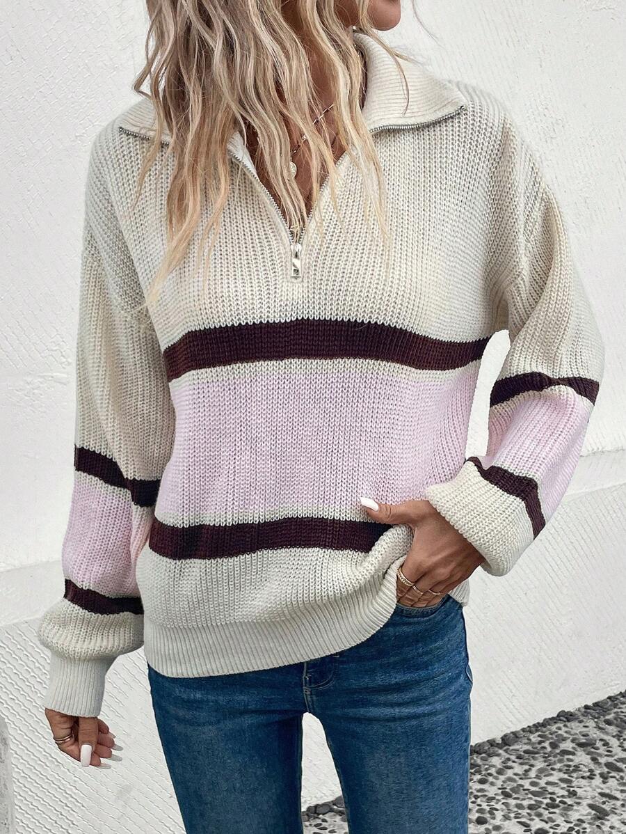 SHEIN LUNE 撞色落肩半拉链针织套头衫，适合秋冬季穿着 - 彩色 - 查看 1