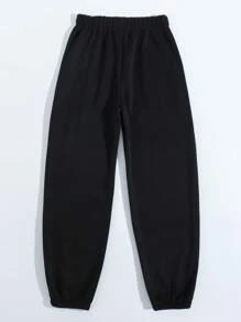 SHEIN EZwear 骷髅頭圖案腰部抽繩衛褲 - 黑色 - 查看 2