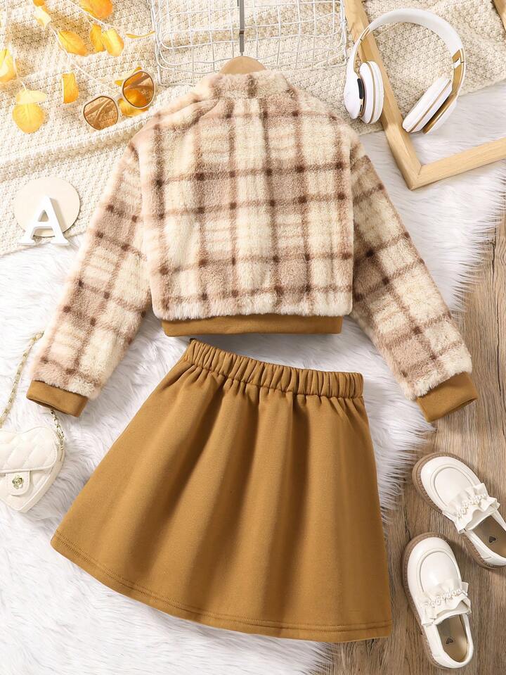 Tween Girl Plaid Print Letter Patched Jacket Pleated Skirt SHEIN