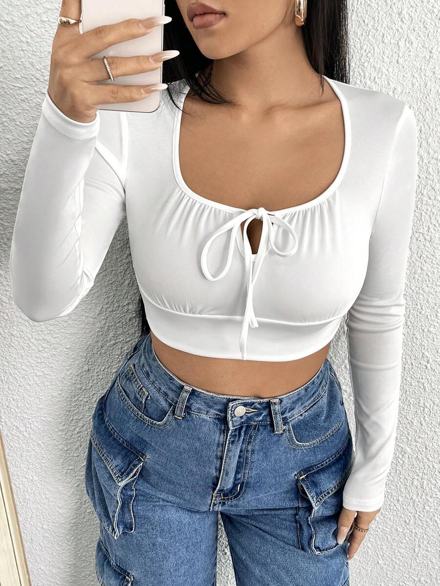 SHEIN Unity Tie Trước Áo phông Crop - trắng - Xem 1