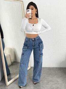 SHEIN Unity Tie Trước Áo phông Crop - trắng - Xem 5
