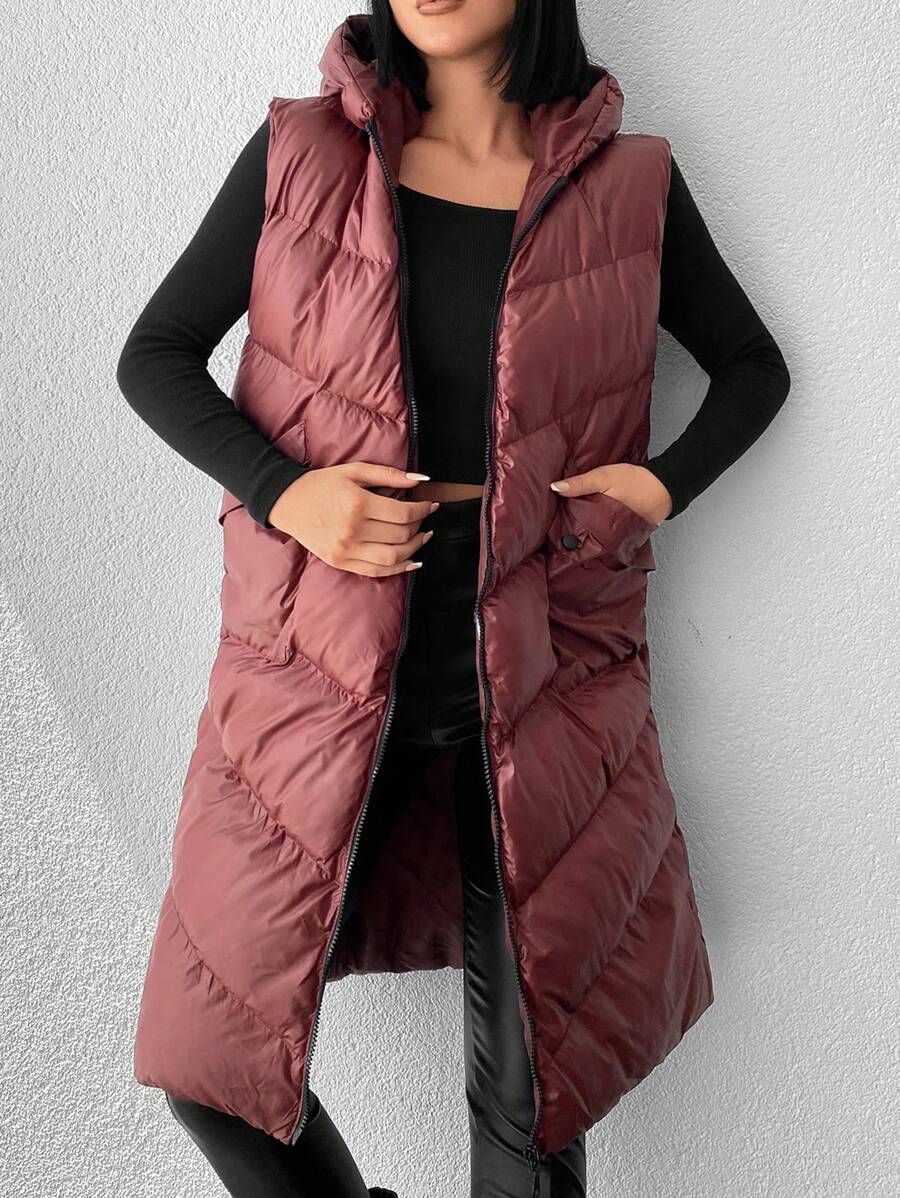 EURMUSE Flap Pocket Zipper Vest Puffer Coat - Redwood - View 1