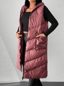 EURMUSE Flap Pocket Zipper Vest Puffer Coat - Redwood - View 3