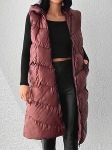 EURMUSE Flap Pocket Zipper Vest Puffer Coat - Redwood - View 4