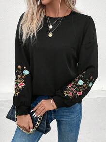 SHEIN LUNE Thêu hoa Thả vai Áo nỉ - màu đen - Xem 1