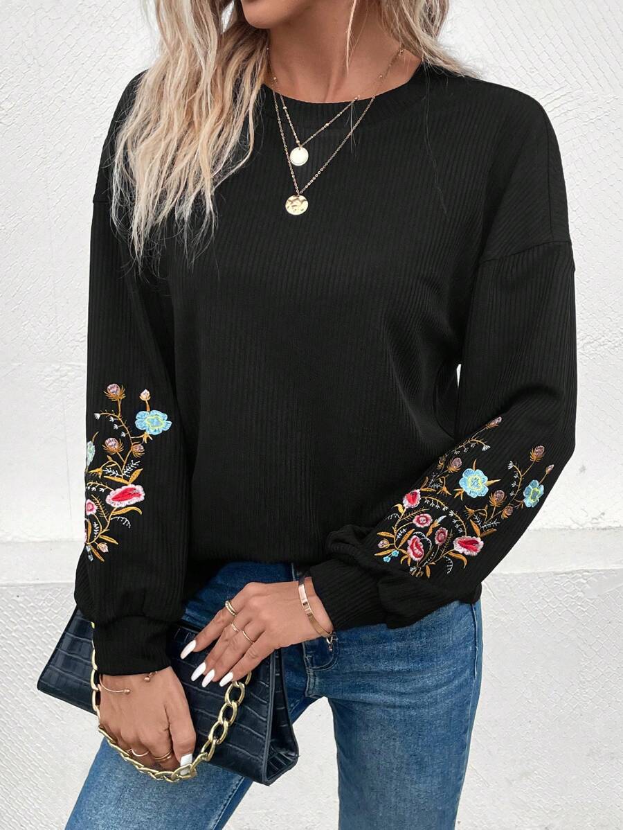 SHEIN LUNE Thêu hoa Thả vai Áo nỉ - màu đen - Xem 1