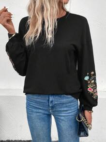 SHEIN LUNE Thêu hoa Thả vai Áo nỉ - màu đen - Xem 3