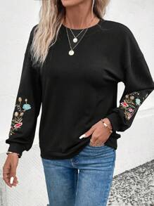 SHEIN LUNE Thêu hoa Thả vai Áo nỉ - màu đen - Xem 4