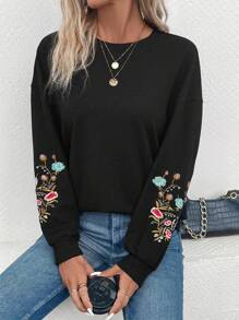 SHEIN LUNE Thêu hoa Thả vai Áo nỉ - màu đen - Xem 6