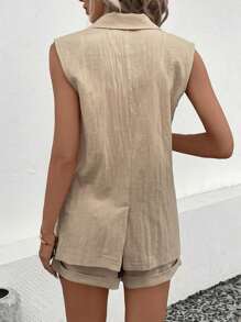 SHEIN LUNE 休閒口袋 前紐扣純色女士西裝套裝 - 卡其色 - 查看 3