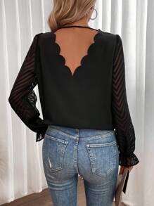 SHEIN VCAY 優雅揉皺 扇型 前紐扣純色女士襯衫 - 黑色 - 查看 4