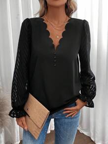 SHEIN VCAY 優雅揉皺 扇型 前紐扣純色女士襯衫 - 黑色 - 查看 1