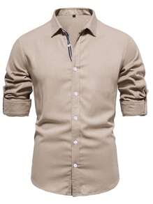 Men Striped Tape Button Up Shirt, Breathable - Khaki - View 1