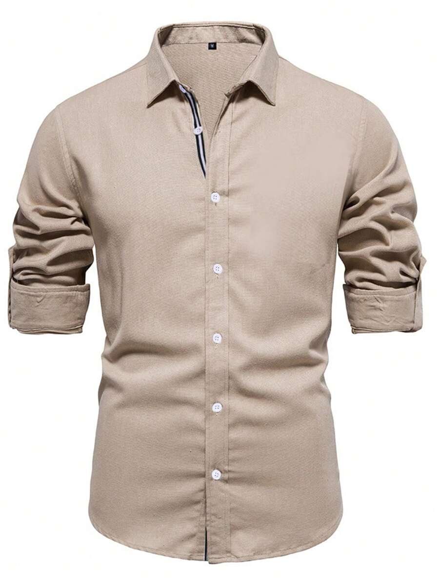 Men Striped Tape Button Up Shirt, Breathable - Khaki - View 1
