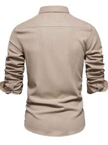 Men Striped Tape Button Up Shirt, Breathable - Khaki - View 2