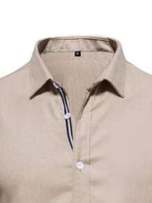 Men Striped Tape Button Up Shirt, Breathable - Khaki - View 4