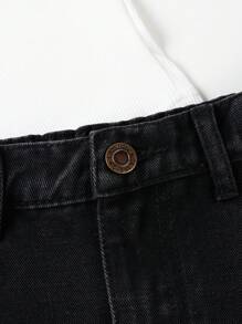 SHEIN 青少年女孩破洞毛邊緣牛仔短褲 - 黑色 - 查看 3