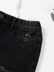 SHEIN 青少年女孩破洞毛邊緣牛仔短褲 - 黑色 - 查看 4